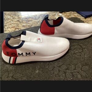 Tommy Hilfiger White and Red Slip-On Sneakers